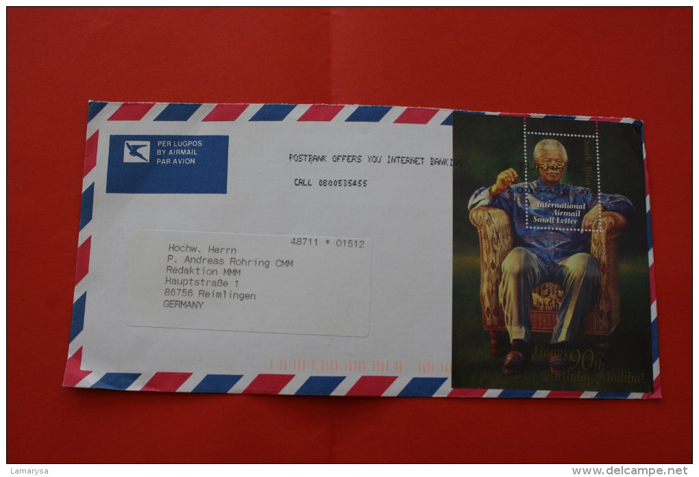 LETTRE LETTER->AFRIQUE DU SUD/SOUTH AFRICA AFF. BLOC BLOCK HAPPY BIRTHAY 90TH MADIBA NELSON MANDELA INTERNATION AIR MAIL - Lettres & Documents