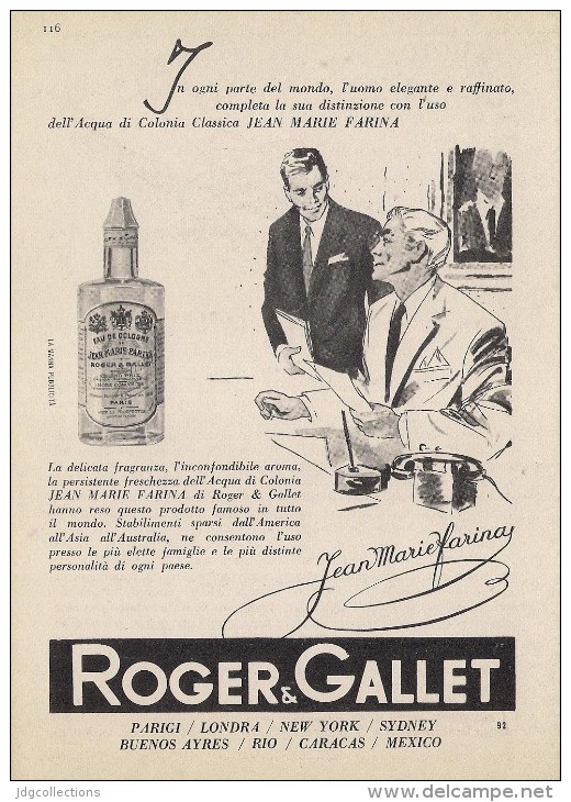 # ROGER & GALLET JEAN MARIE FARINA EAU DE COLOGNE 1950s Advert Pubblicità Publicitè Reklame Perfume Profumo Cosmetics - Unclassified