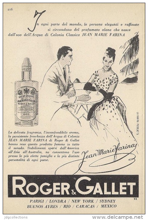 # ROGER & GALLET JEAN MARIE FARINA EAU DE COLOGNE 1950s Advert Pubblicità Publicitè Reklame Perfume Profumo Cosmetics - Sin Clasificación