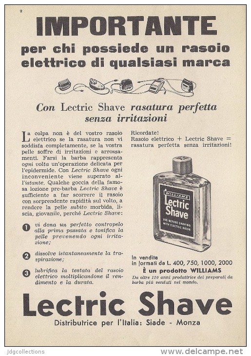 # LECTRIC SHAVE WILLIAMS ITALY 1950s Advert Pubblicità Publicitè Reklame Lotion Lozione BarbaRasage Afeitar Rasierwasser - Unclassified