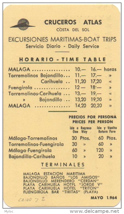 Carte Publicité Bateau.Horaire/Time Table. Cruceros Atlas. Aguilar-Malaga. 1964. - Europe