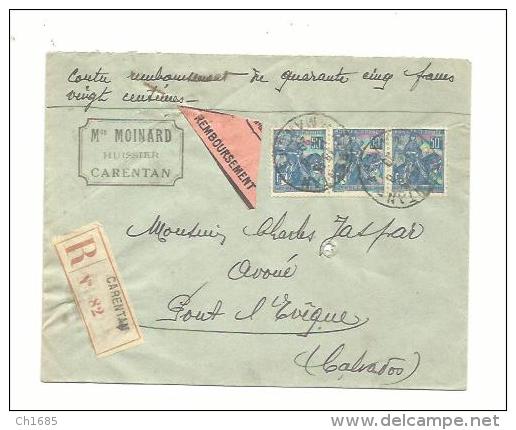 JEANNE D´ARC  En Bande De 3 Sur Lettre Contre-remboursement Recommandée - 1877-1920: Période Semi Moderne