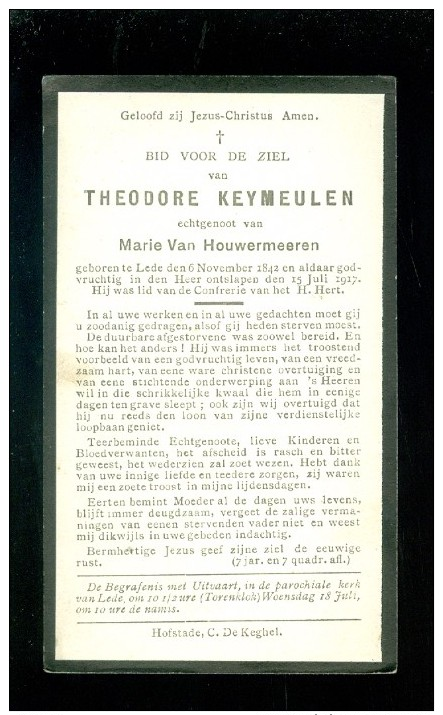 Doodsprentje ( X 73 )   Keymeulen / Van Houwermeeren   -  Lede   1917 - Todesanzeige