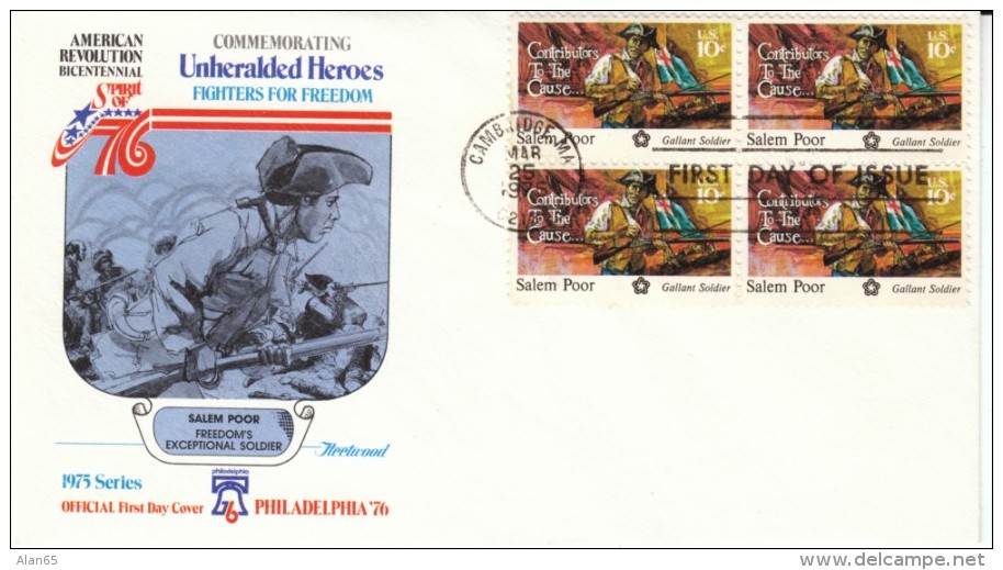 #1560 Salem Poor, Black American Patriot, American Revolution, Block Of 4 10-cent Stamps FDC 1975 Cover - 1971-1980