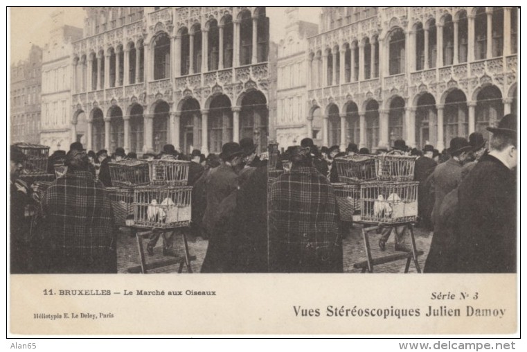 Bruxelles Brussels Belgium Street Market Bird Sellers Marche Aux Oiseaux, Stereoscopic View, C1910s Vintage Postcard - Venters