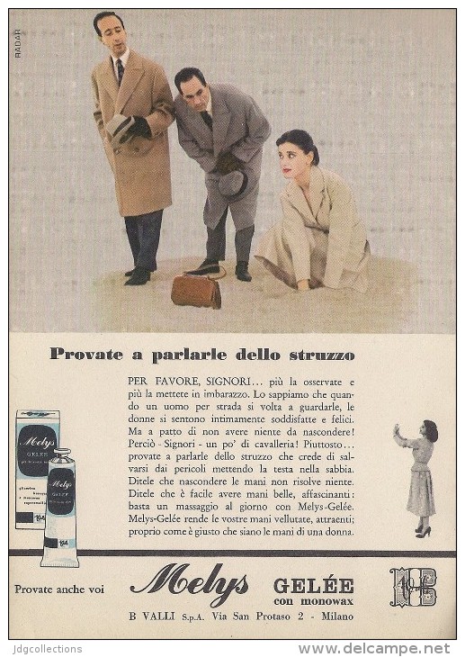 # MELYS GELEE VALLI CREMA MANI 1950s Advert Pubblicità Publicitè Reklame Moisturizing Hand Cream Creme Mains Protector - Zonder Classificatie