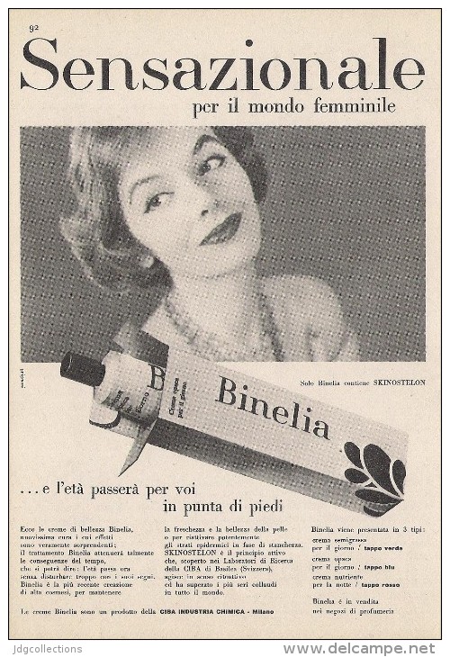 # CREMA DI BELLEZZA CIBA BINELIA 1950s Advert Pubblicità Publicitè Reklame Moisturizing Cream Creme Hydratante Protector - Zonder Classificatie