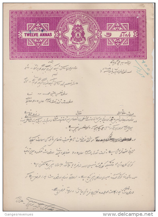 BHOPAL  State  12A  MAGENT  Stamp Paper..MINUTE HOLES..  Type 50  K&M 508   # 85559  India  Inde  Indien Revenue Fiscaux - Bhopal