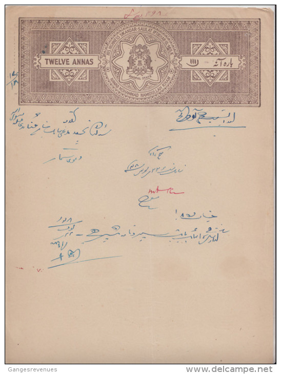 BHOPAL  State  12A  Brown  Stamp Paper  Type 50  K&M Unrecorded   # 85564  India  Inde  Indien Revenue Fiscaux - Bhopal