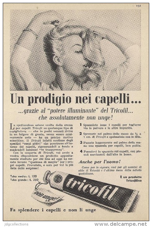 # CREMA TRICOFIL TRICOFILINA, ITALY 1950s Advert Pubblicità Publicitè Hair Fixer Fixateur Cheveux Fijador Haar - Non Classificati