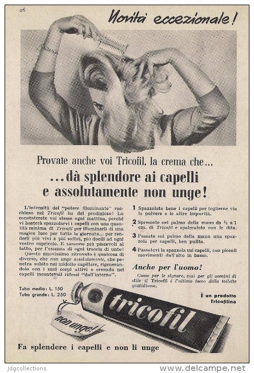 # CREMA TRICOFIL TRICOFILINA, ITALY 1950s Advert Pubblicità Publicitè Hair Fixer Fixateur Cheveux Fijador Haar - Non Classés