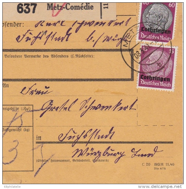 ALLEMAGNE 1941 METZ LORRAINE COLIS POSTAL - Occupation 1938-45