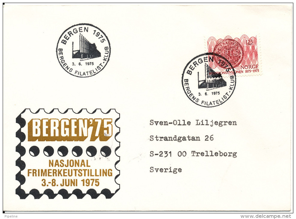 Norway Cover Stampexhibition Bergen 75 3-8/6-1975 Sent To Sweden - Cartas & Documentos