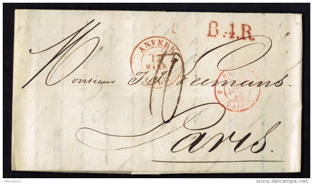 1840  LETTRE D´ANVERS à Paris Marques B.4.R. Et Belgique Par Valenciennes - 1830-1849 (Belgique Indépendante)