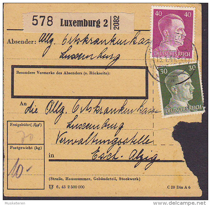 Deutsches Reich Paketkarte Bulletin D'Expedition LUXEMBURG (Occupied Luxembourg) 1944 ESCH-ALZIG Hitler Stamps (2 Scans) - 1940-1944 Occupation Allemande