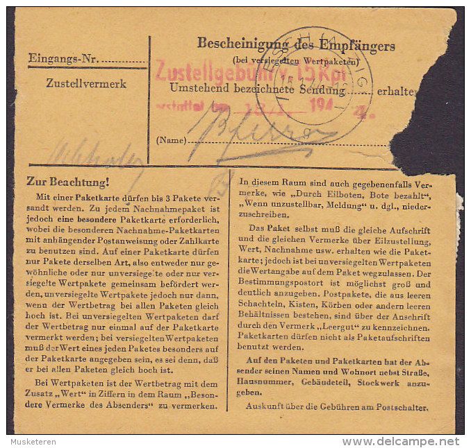 Deutsches Reich Paketkarte Bulletin D'Expedition LUXEMBURG (Occupied Luxembourg) 1944 ESCH-ALZIG Hitler Stamps (2 Scans) - 1940-1944 Ocupación Alemana