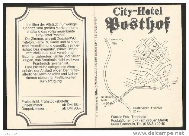 SAARLOUIS Saarland CITY HOTEL POSTHOF Postgässchen Werbekarte Ungefalzt - Kreis Saarlouis