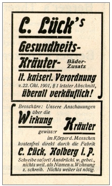 Original-Werbung/ Anzeige 1904 - GESUNDHEITS-KRÄUTER LÜCK / KOLBERG POMMERN - Ca. 45 X 70 Mm - Werbung