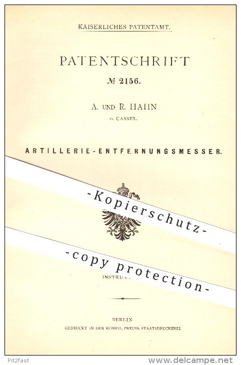 Original Patent - A. Hahn In Kassel , 1877 , Artillerie - Entfernungsmesser , Fernrohr , Visier !!! - Optica