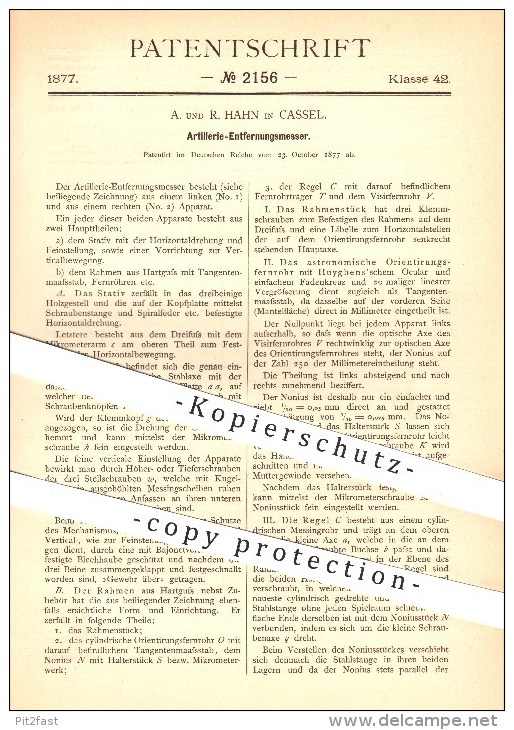 Original Patent - A. Hahn In Kassel , 1877 , Artillerie - Entfernungsmesser , Fernrohr , Visier !!! - Optica