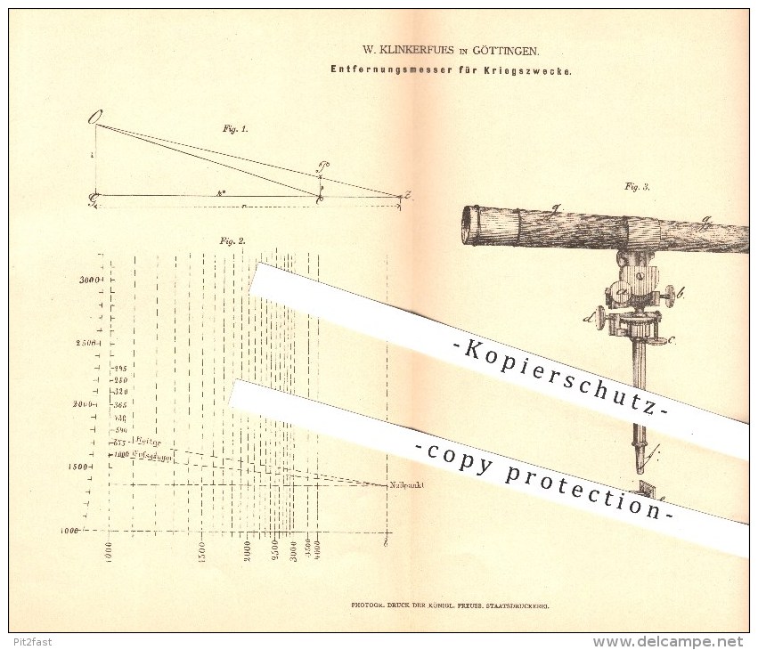 Original Patent - W. Klinkerfues In Göttingen , 1877 , Entfernungsmeser Für Kriegszwecke , Fernrohr , Optik , Krieg ! - Optik