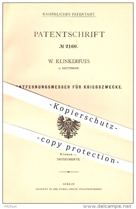 Original Patent - W. Klinkerfues In Göttingen , 1877 , Entfernungsmeser Für Kriegszwecke , Fernrohr , Optik , Krieg ! - Ottica