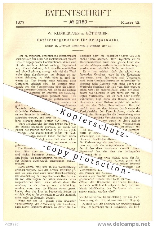 Original Patent - W. Klinkerfues In Göttingen , 1877 , Entfernungsmeser Für Kriegszwecke , Fernrohr , Optik , Krieg ! - Optics