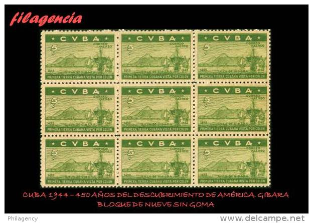 TRASTERO. CUBA MINT. 1944-02 450 AÑOS DEL DESCUBRIMIENTO DE AMÉRICA. BLOQUE DE NUEVE. SILLA DE GIBARA. MNG - Nuovi