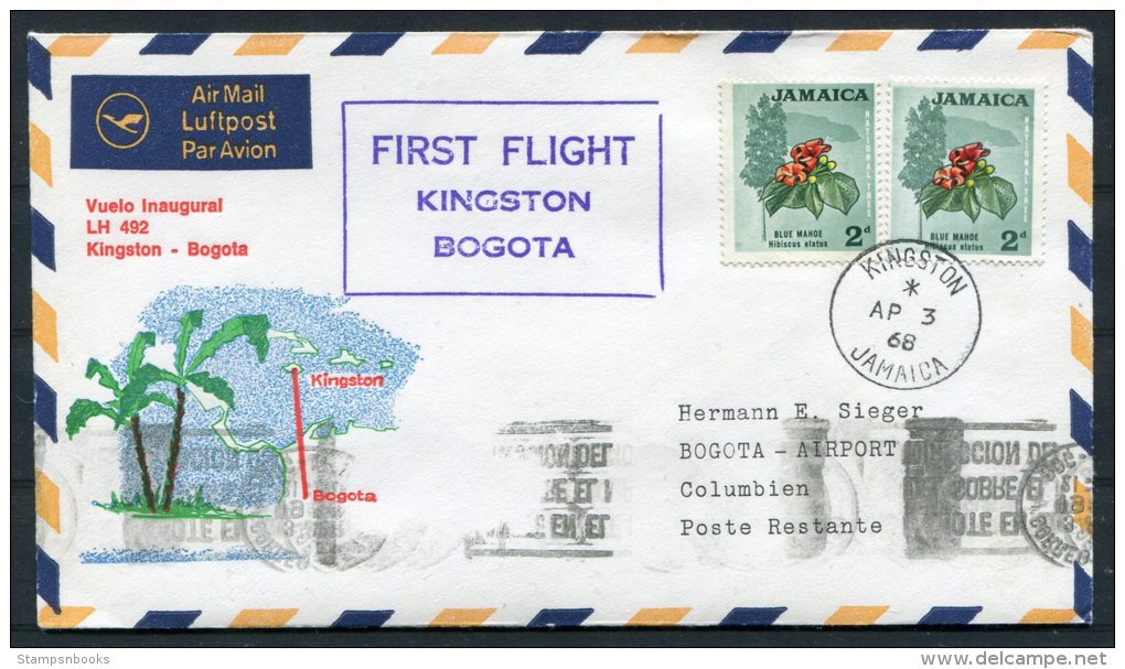 1968 Jamaica Colombia Kingston - Bogota Lufthansa First Flight Cover - Jamaica (1962-...)