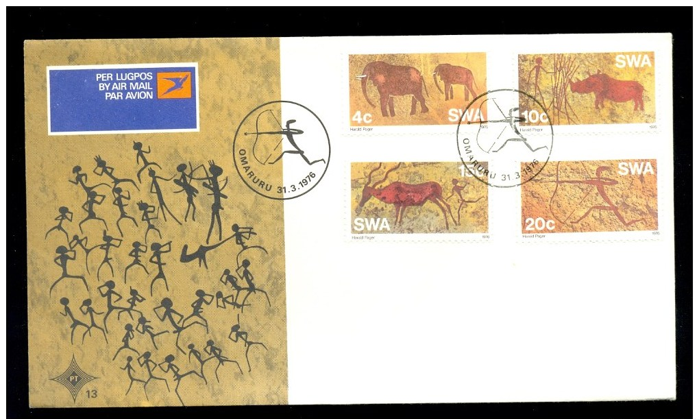 SOUTH AFRICA SWA FDC 1976 * ROCK PAINTINGS * ELEPHANT HUNTER RHINO ANTILOPE - FDC