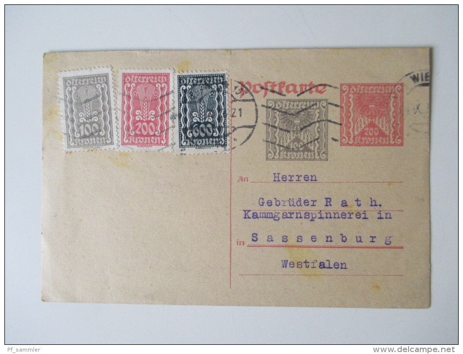 Österreich GA 11 Stk. 1886-1921. Firmenkorrespondenz. Preussen K2 nachverwendeter Stempel Sassenberg