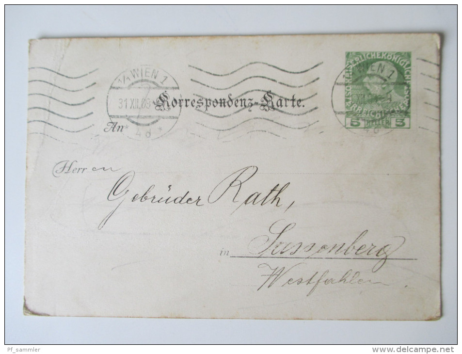 Österreich GA 11 Stk. 1886-1921. Firmenkorrespondenz. Preussen K2 nachverwendeter Stempel Sassenberg