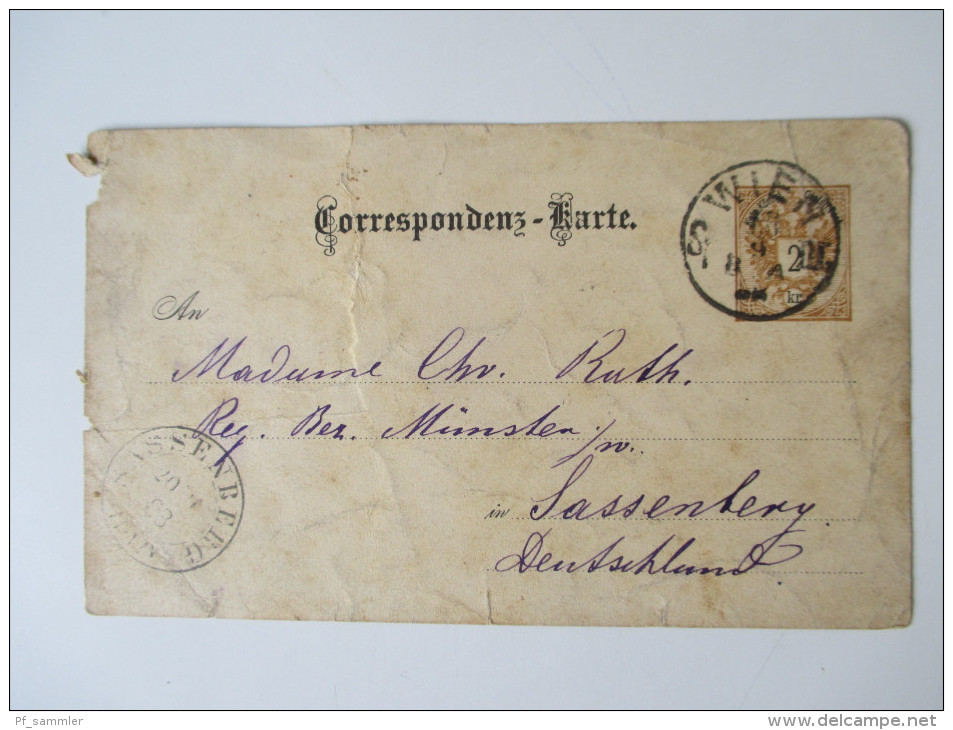 Österreich GA 11 Stk. 1886-1921. Firmenkorrespondenz. Preussen K2 nachverwendeter Stempel Sassenberg