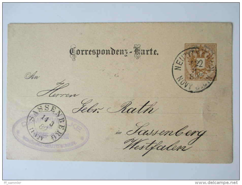 Österreich GA 11 Stk. 1886-1921. Firmenkorrespondenz. Preussen K2 nachverwendeter Stempel Sassenberg