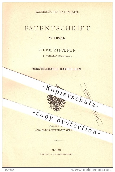 Original Patent - Gebrüder Zipperer , Weilheim , 1880, Verstellbarer Handrechen , Rechen , Landwirtschaft , Bauer , Joch - Historische Dokumente