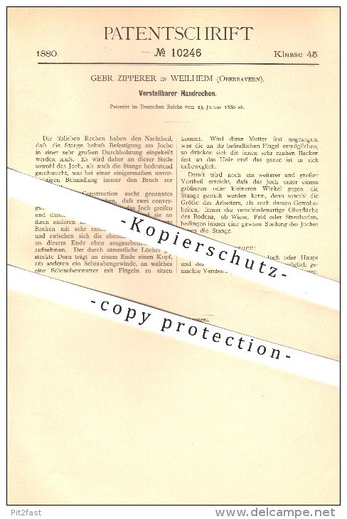 Original Patent - Gebrüder Zipperer , Weilheim , 1880, Verstellbarer Handrechen , Rechen , Landwirtschaft , Bauer , Joch - Historische Dokumente