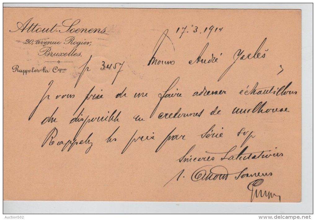 Entier CP 5 C Lion C.méc.Bruxelles En 1914 + Au Verso Repiquage Attout-Soenens 20 Av.Rogier BXL PR2248 - Postcards 1909-1934