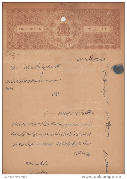 BHOPAL  State  2 Rupees  Stamp Paper  Type 30  K&M 311   # 85575  India  Inde  Indien Revenue Fiscaux - Bhopal