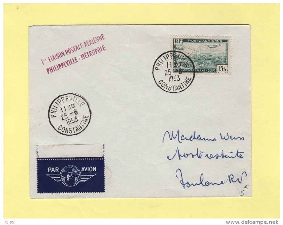 1ere Liaison Philippeville Metropole - 25-6-1953 - Par Avion - 1960-.... Covers & Documents