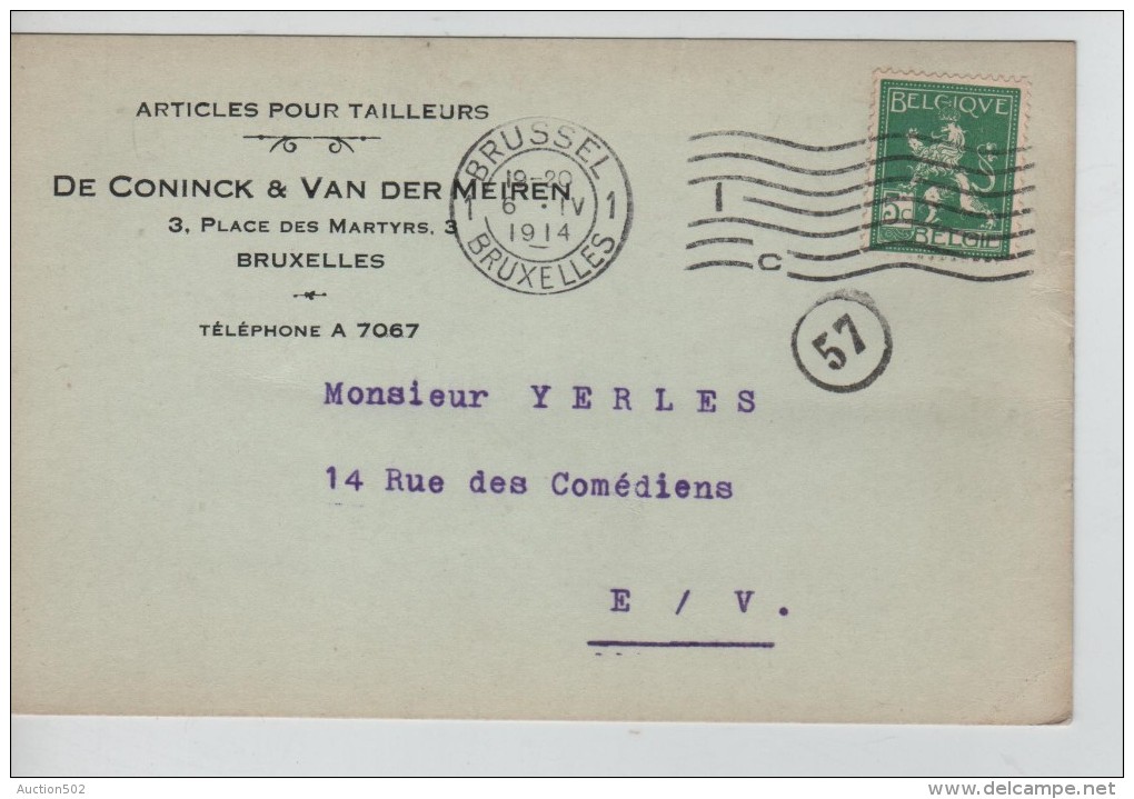 TP 110 S/CP C.méc.Bruxelles 6/4/1914 + Repiquage Publicitaire Articles Pour Tailleur De Coninck & V.D.Meiren PR2251 - Autres & Non Classés