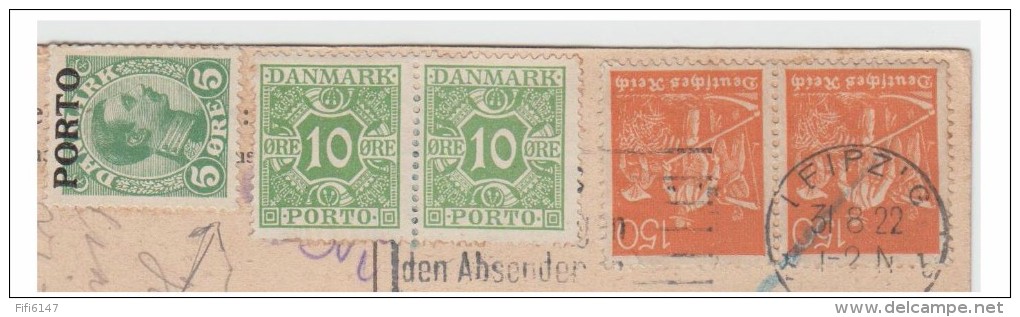 ALLEMAGNE -- CARTE POSTALE A DESTINATION DU DANEMARK -- TAXEE -- LEIPZIG 1922 --- - Briefe U. Dokumente