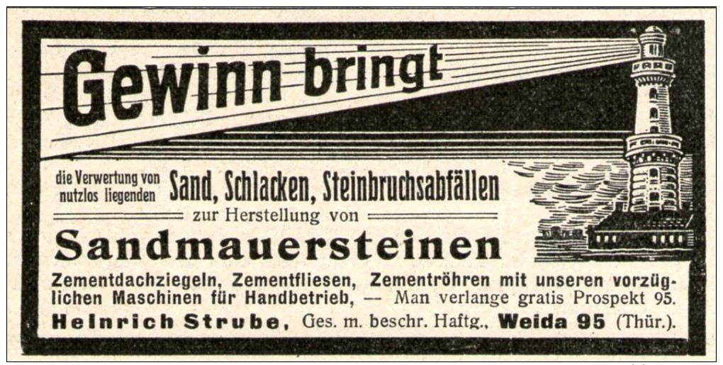 Original-Werbung/ Anzeige 1905 - SANDMAUERSTEINE / STRUBE / MOTIV LEUCHTTURM - WEIDA - Ca. 80 X 45 Mm - Werbung