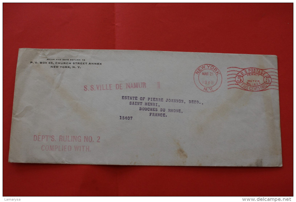 1940 LETTER NEW-YORK US POSTAGE PERMIT FIVE CENTS PAID GRIFFE PAQUEBOT "S.S. VILLE DE NAMUR"DEPPT'S RULING N°2 COMPLIED - EMA (Printer Machine)