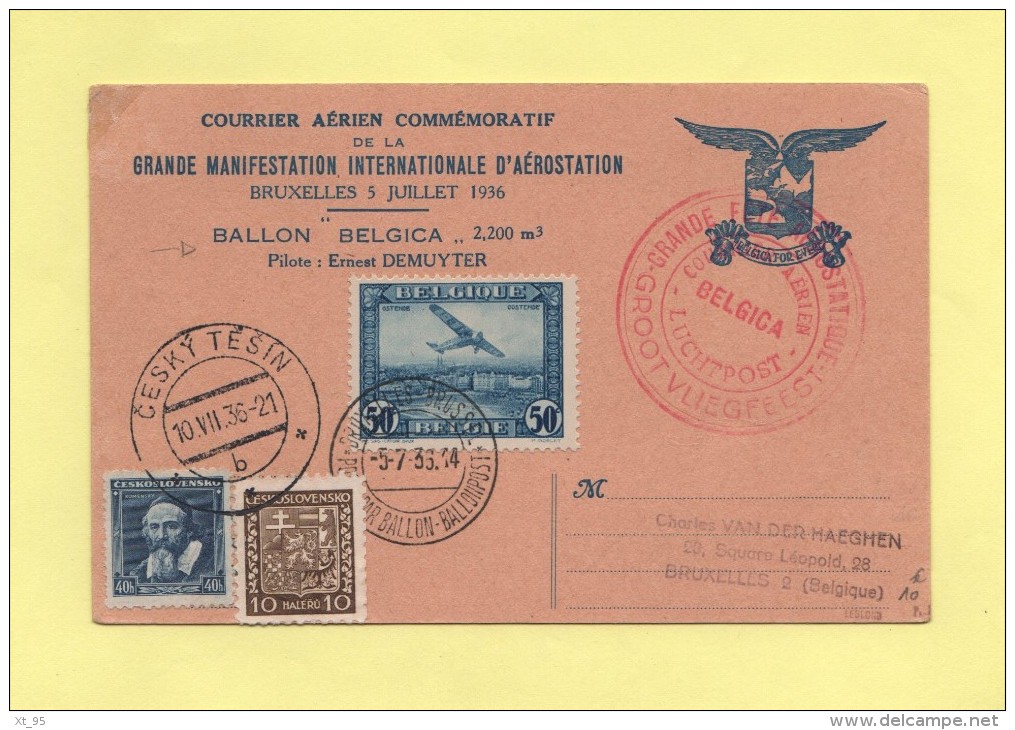 Ballon Belgiqua - Bruxelles Tchecoslovaquie - 1936 - Lettres & Documents