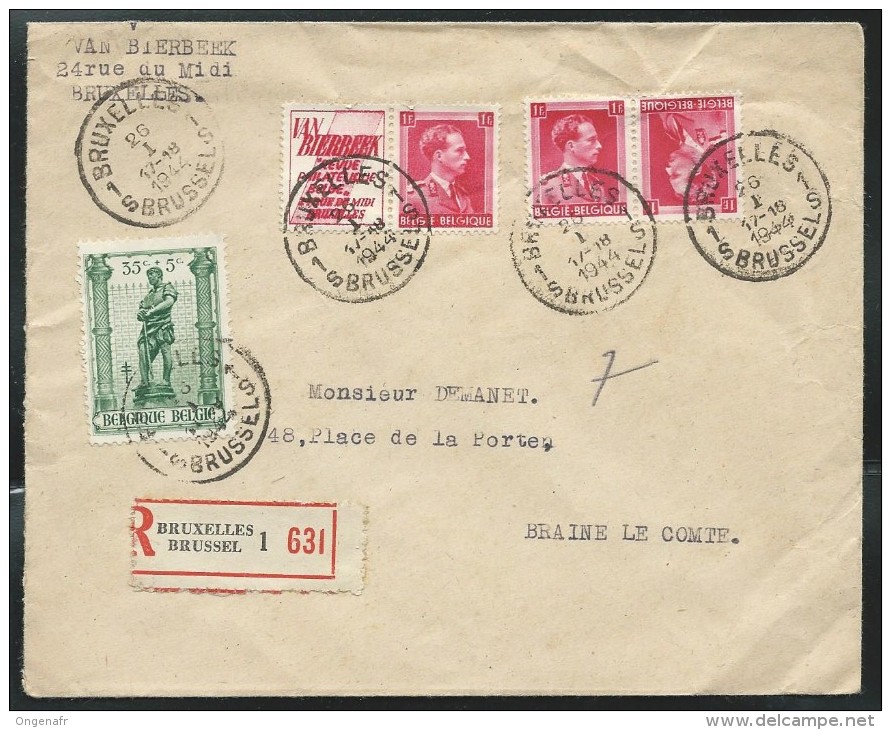 Lettre En Rec. De Bruxelles Pour Braine-le-Comte Du 26/01/1944 Avec N° PU197 - Autres & Non Classés