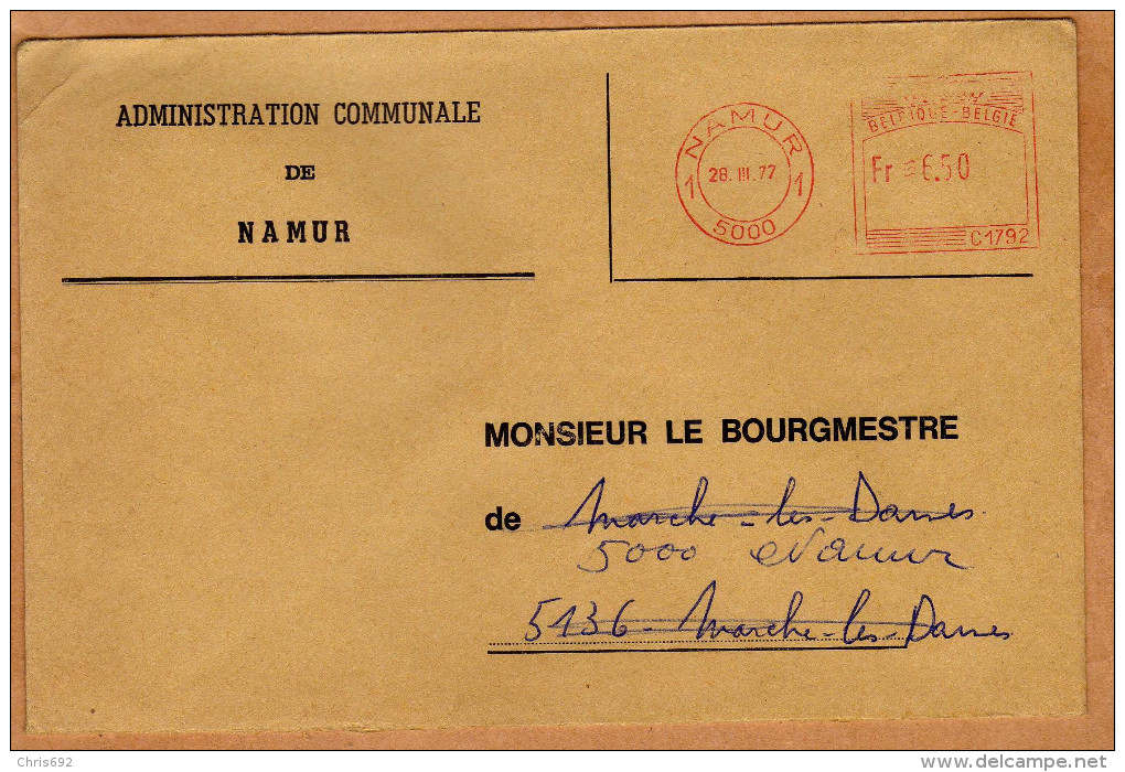 Enveloppe Brief Cover Administration Communale De Namur - Briefe U. Dokumente