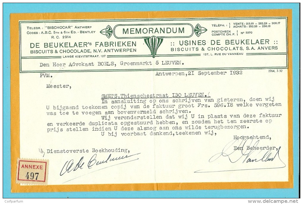 MEMORANDUM / DE BEUKELAER FABRIEKEN, BISCUITS & CHOCOLADE / ANTWERPEN / 1932   (F933) - 1900 – 1949