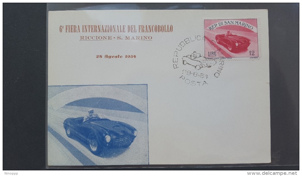 San Marino 1954 6a Fiera Internazionale Del Francobollo,car Racing, Souvenir Card - Lettres & Documents