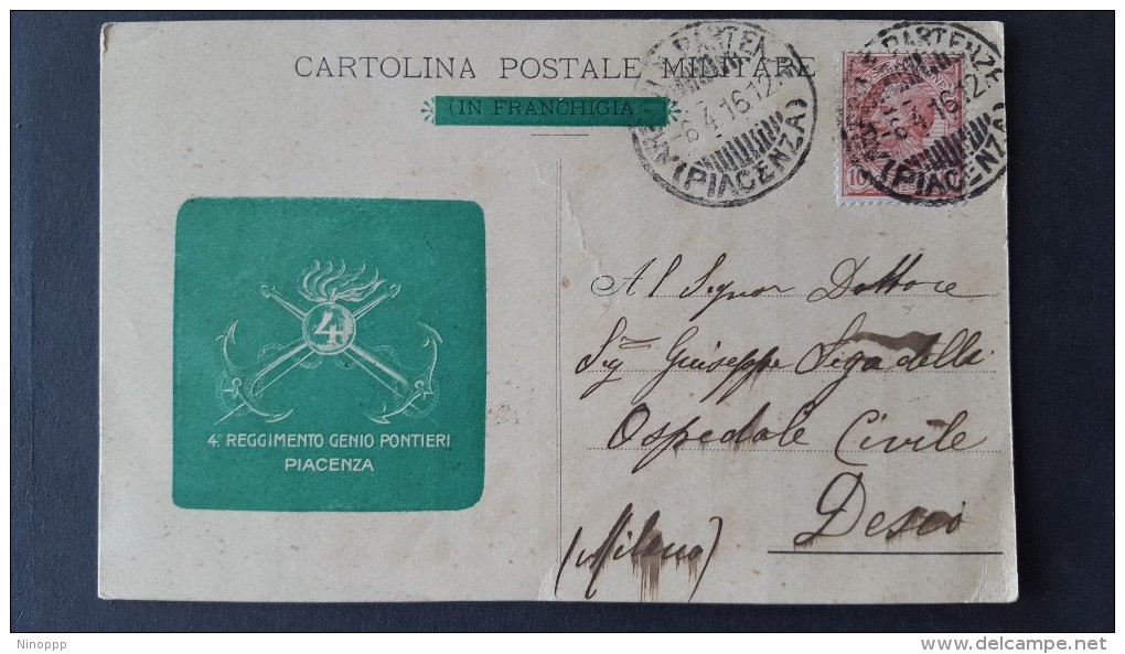 Italia 1916 Cartolina Postale Usata ,4o Reggimento Genio Pontieri ,Euro - Marcophilia