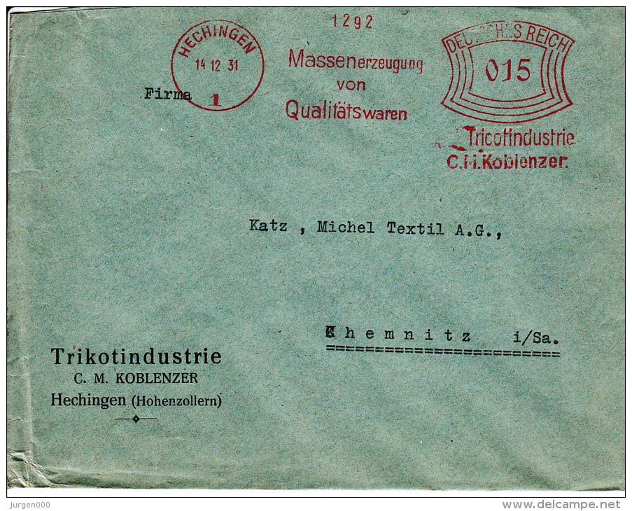 Deutsches Reich, Tricotindustrie C.M. Koblenzer, Massenerzeugung Von Qualitätswaren, Hechingen, 1931 (5930) - Textile